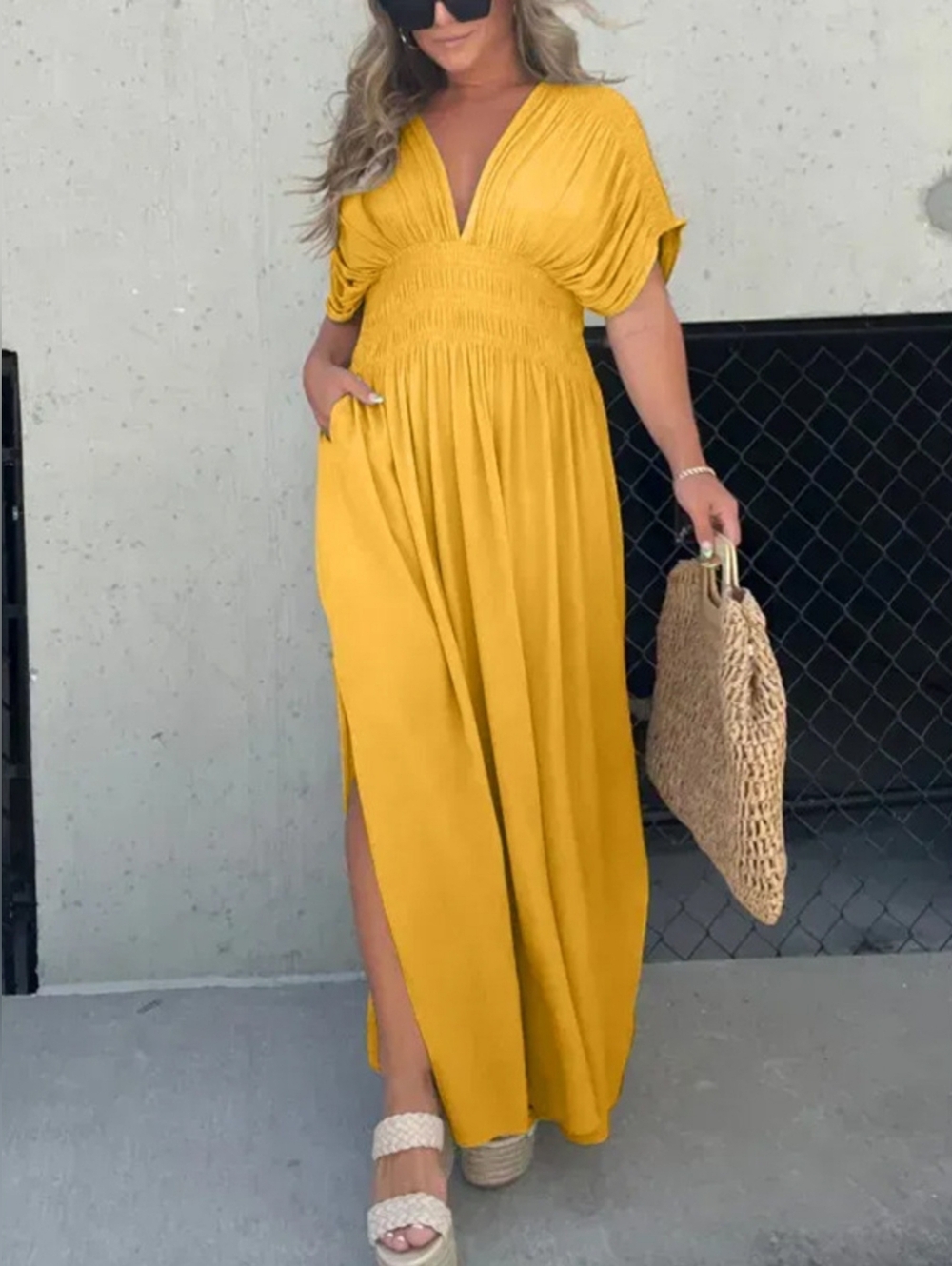 Mustard Yellow V-Neck Smocked Waist Maxi Dress- Full & Plus Sizes